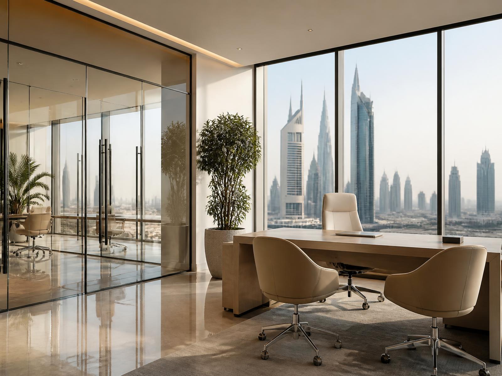 Bright modern Dubai office interior with clean floors and glass partitions